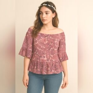 🌸 SPEECHLESS Boho Paisley Peplum Blouse Sz L Romantic Ruffle Hem Sheer Overlay
